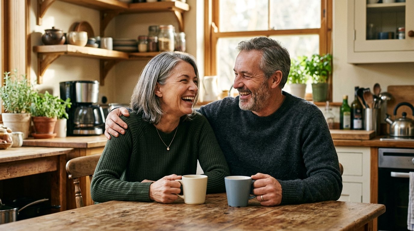 Couple laughing together in kitchen, morning light