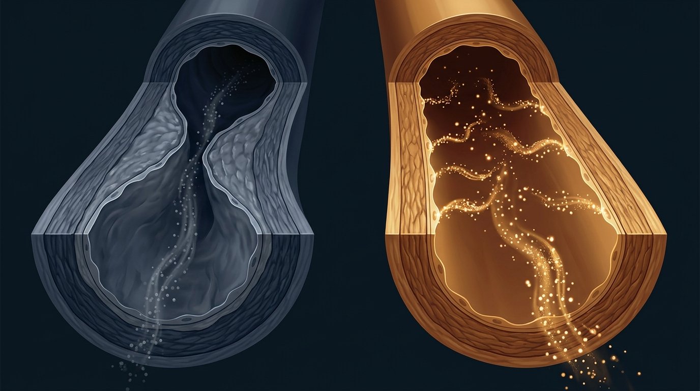 Editorial illustration showing upstream vs downstream NO pathways in blood vessels